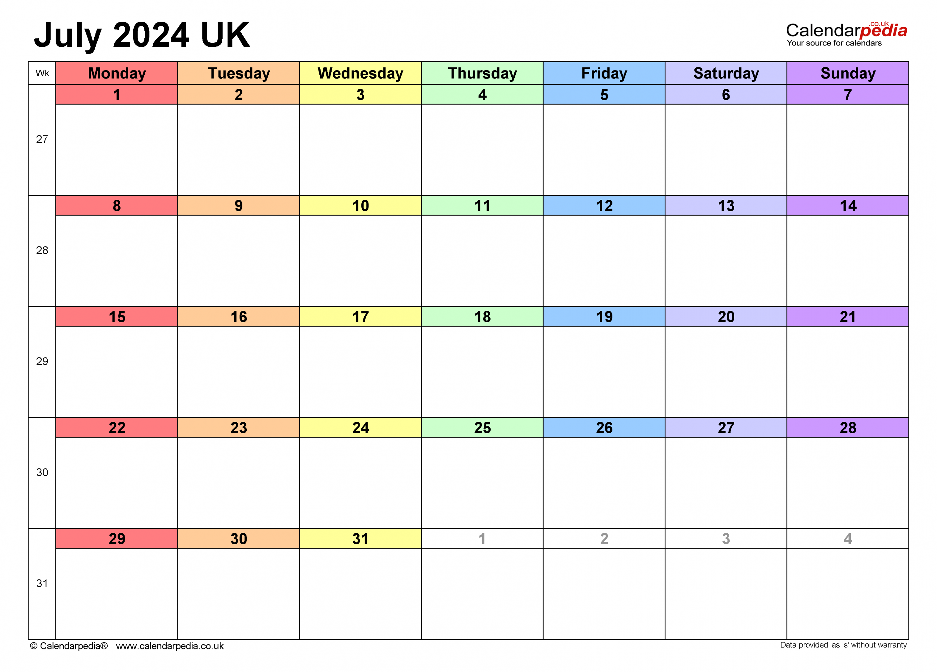 Calendar July  UK with Excel, Word and PDF templates