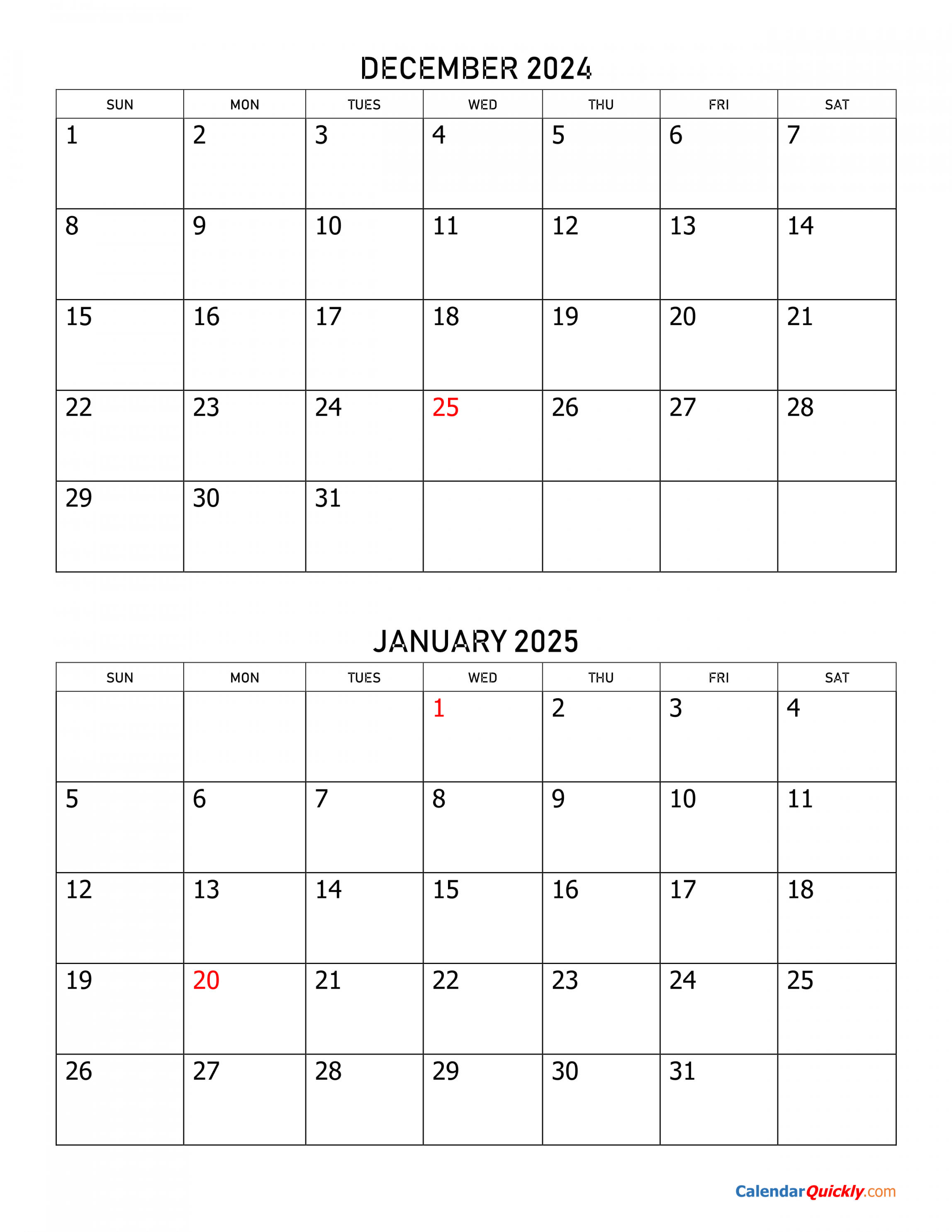 December  and January  Calendar  Calendar Quickly