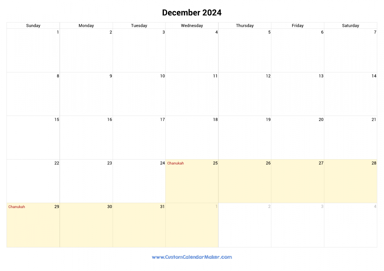 December  Jewish Calendar with Hebrew Holidays