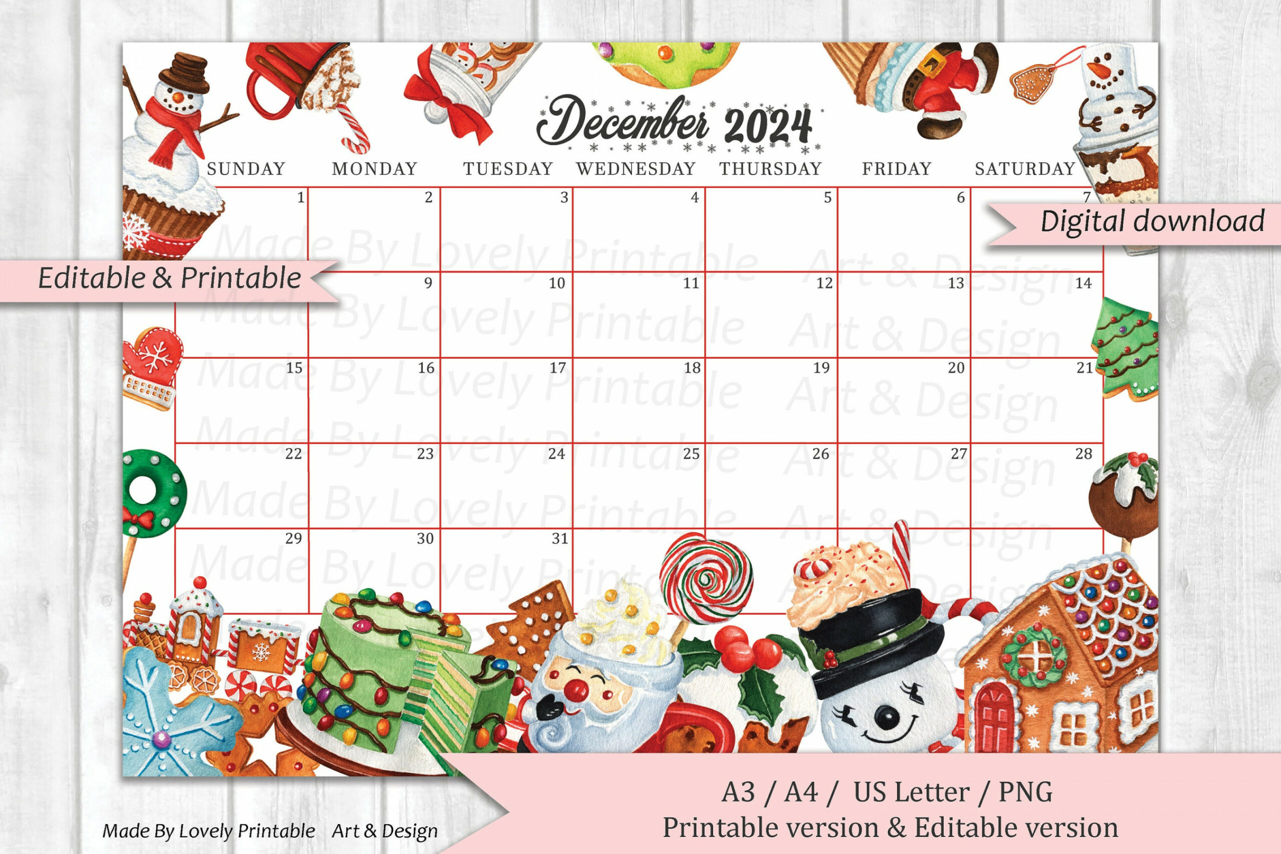 EDITABLE December  Calendar, Christmas Sweets & drinks, Printable  Monthly Calendar, Christmas Planner, Kids School Schedule, Instant Dow