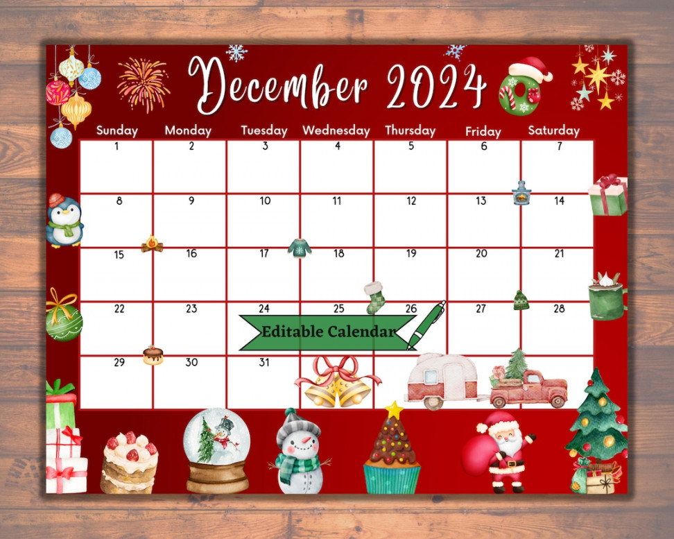 Editable Fillable December  Calendar for Joyful Merry Christmas With  Colorful Ornaments, Cute Red Design, Printable Classroom Planner - Etsy