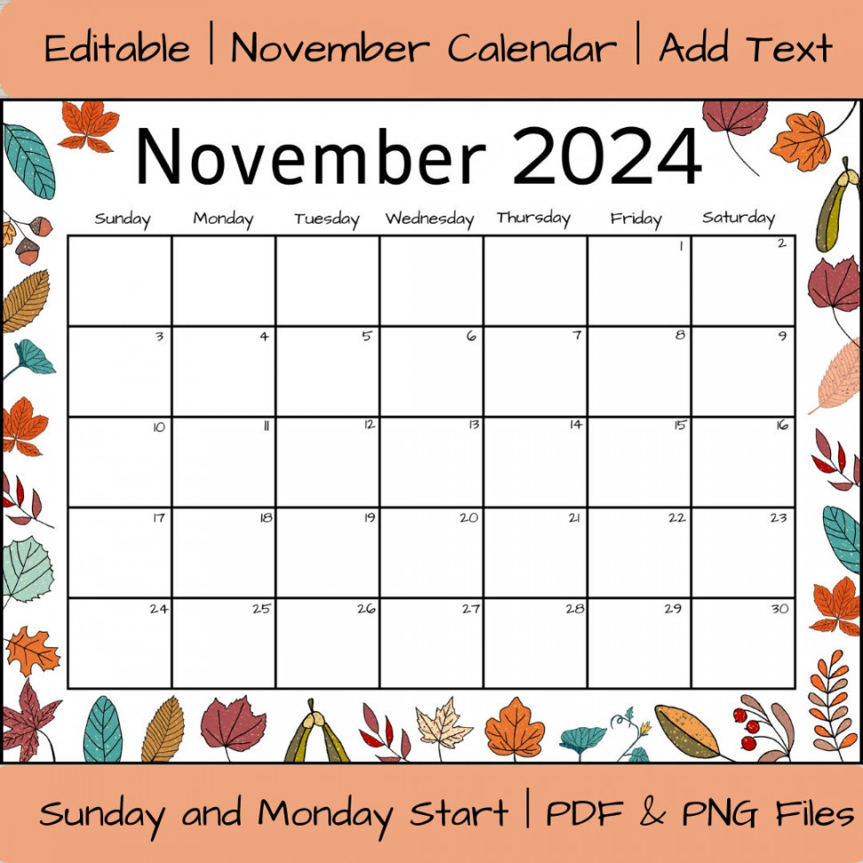 Editable November  Calendar, Fall Leaves Calendar, Editable Calendar  for Home, Printable and Editable November  Planner Template - Etsy  Sweden