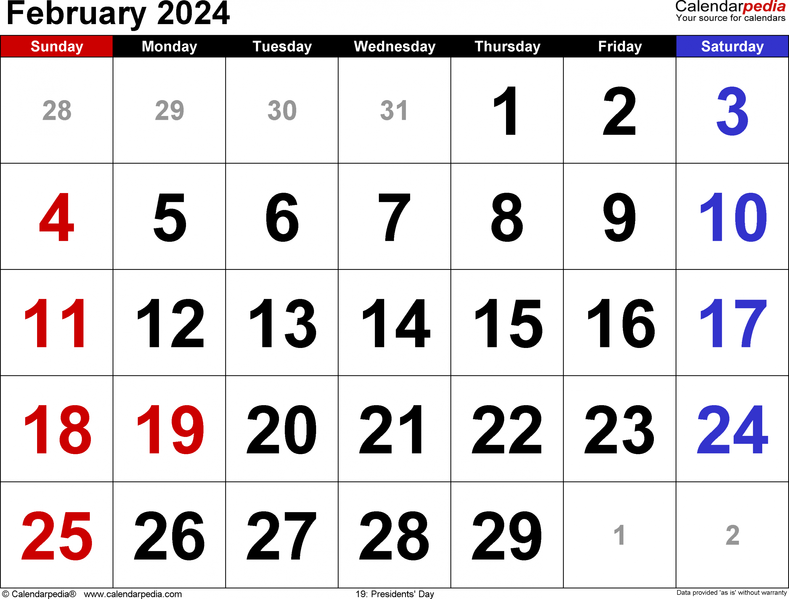 February  Calendar  Templates for Word, Excel and PDF