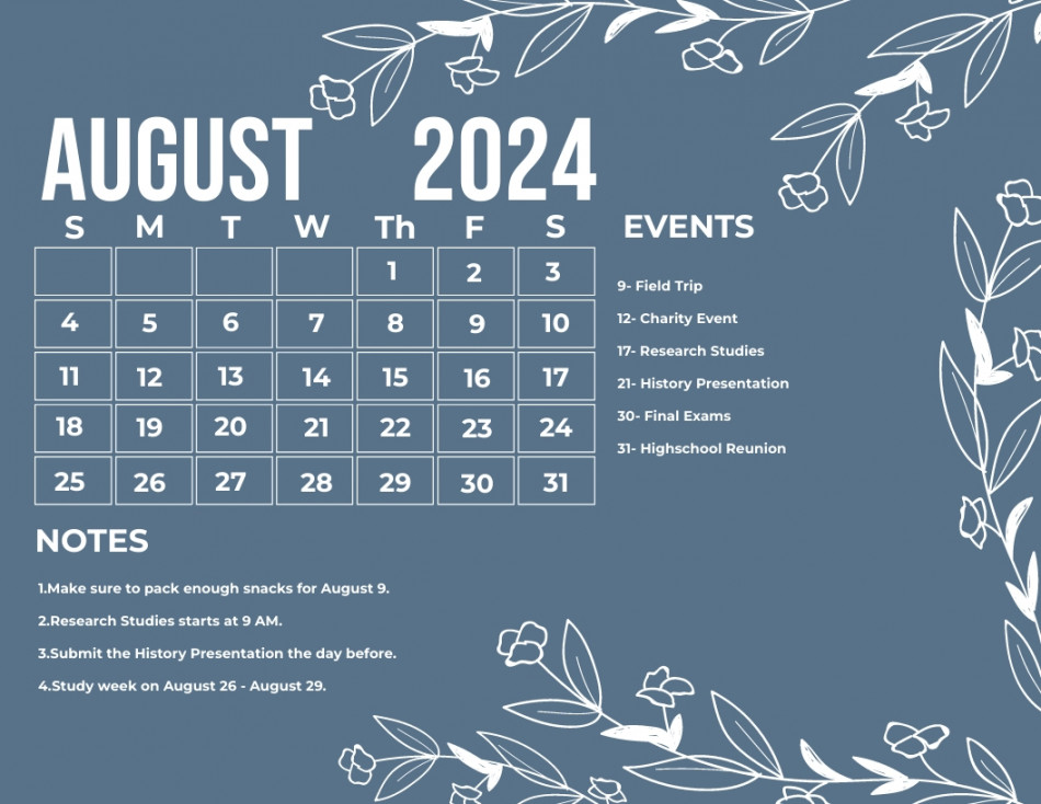 Floral August  Calendar Template - Edit Online & Download