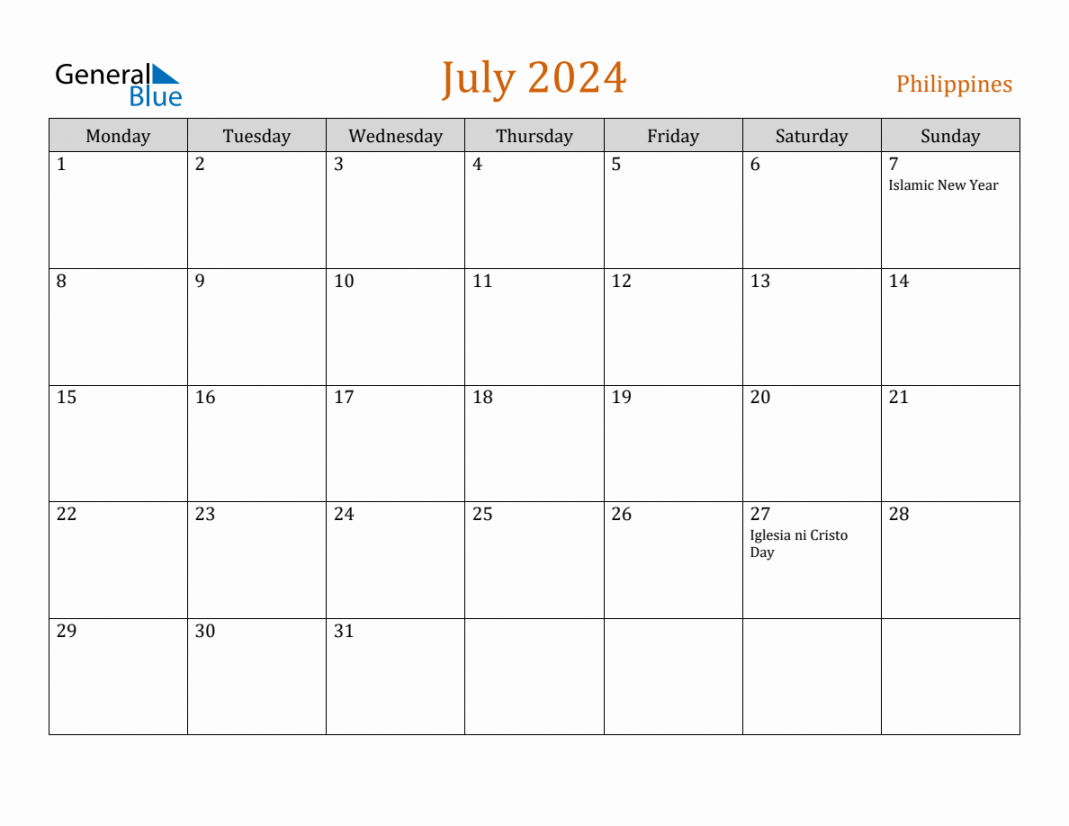 Free July  Philippines Calendar