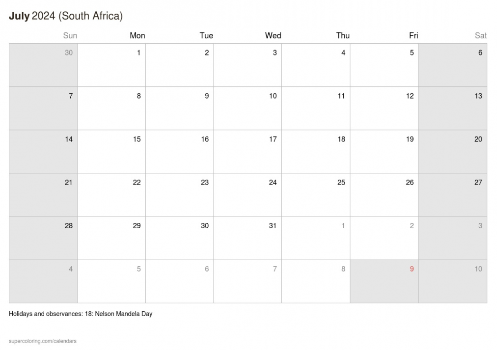 July  calendar - South Africa