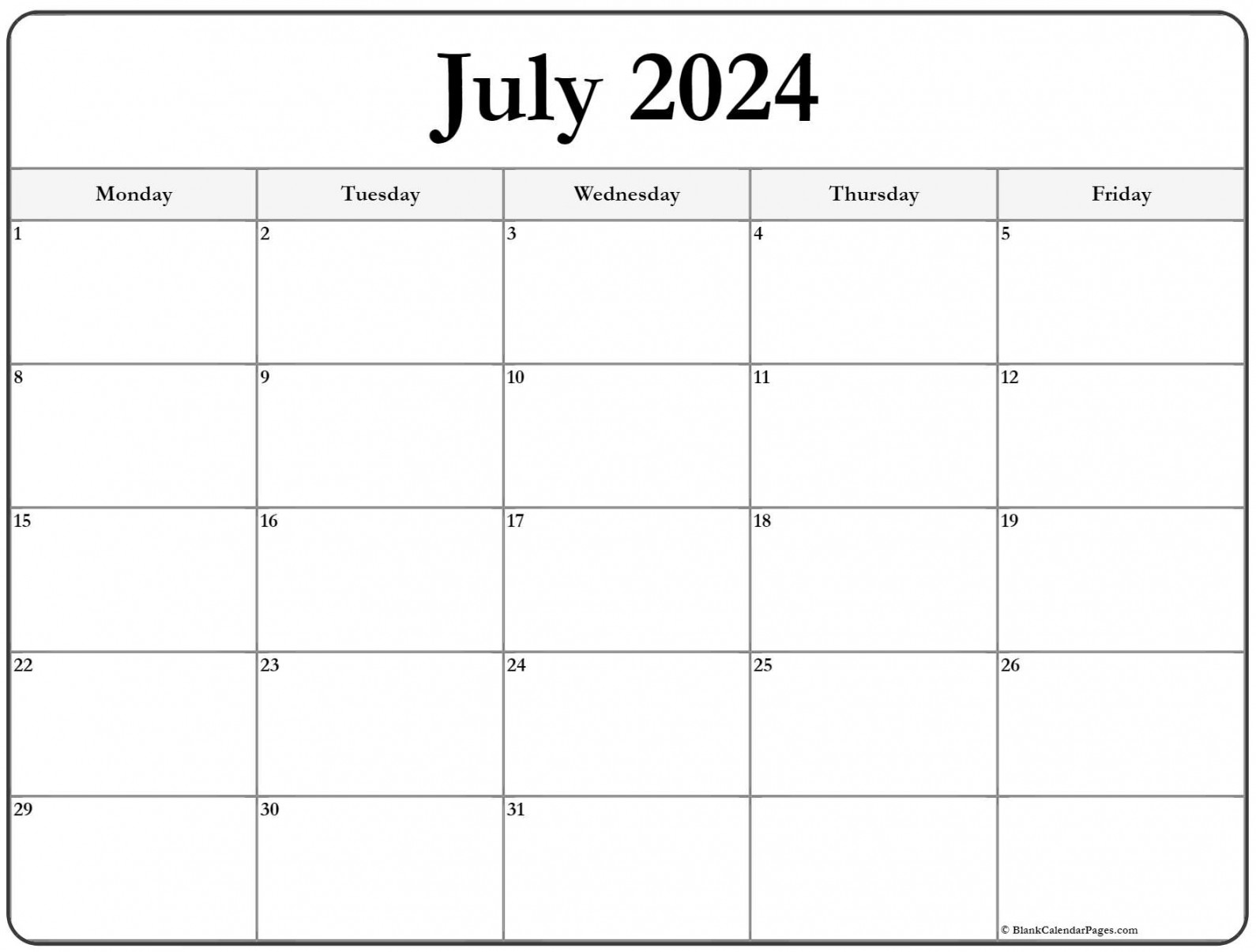 July  Monday Calendar  Monday to Sunday