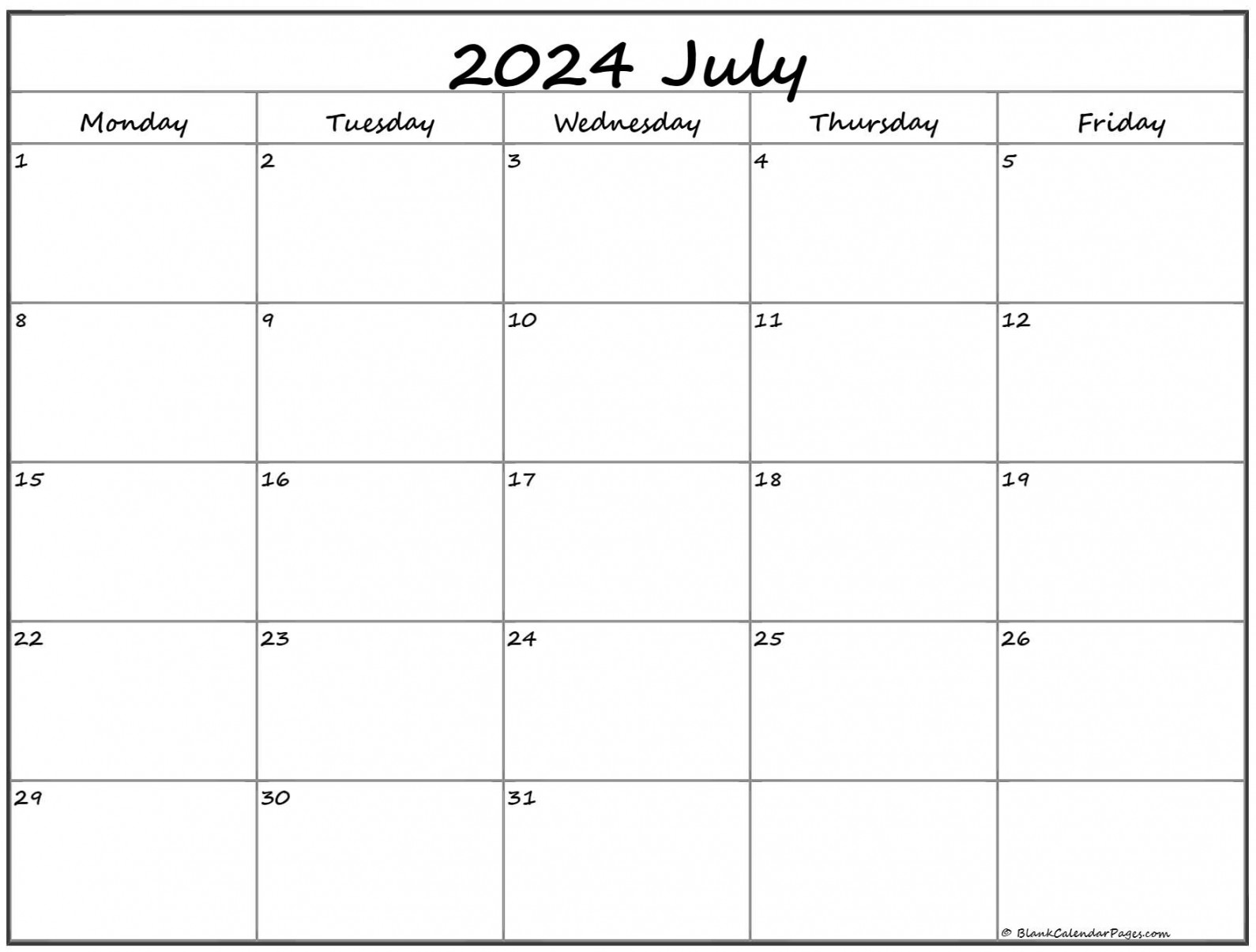 July  Monday Calendar  Monday to Sunday