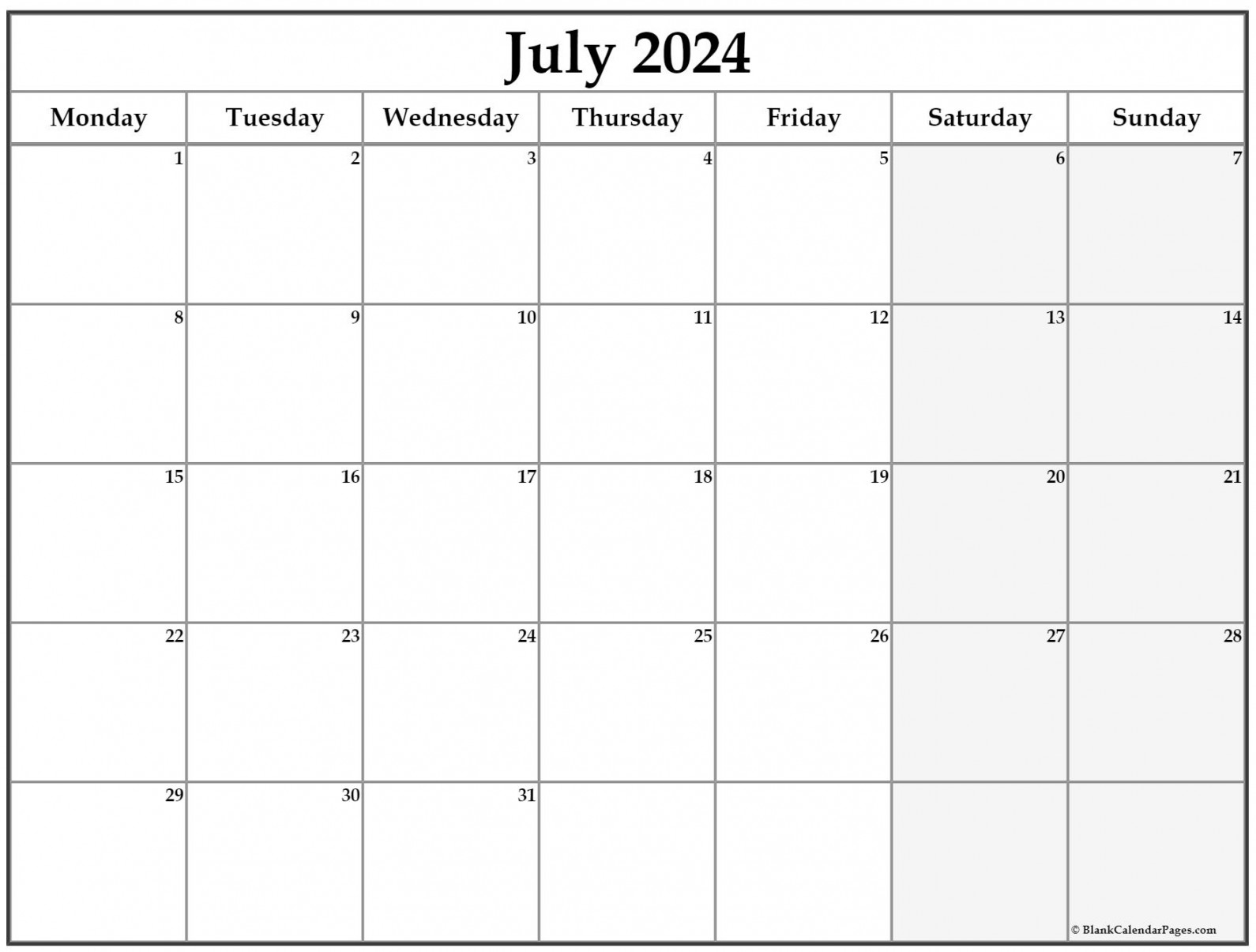 July  Monday Calendar  Monday to Sunday