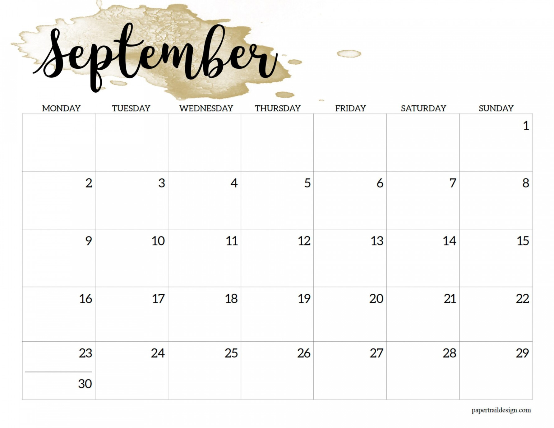 Monday Start Calendar Printable - Watercolor - Paper Trail Design