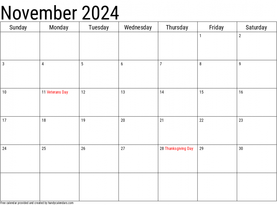 November Calendars - Handy Calendars