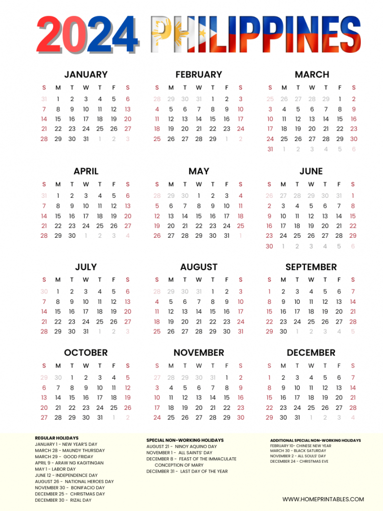 Philippines  Calendar with Holidays - Free Download!