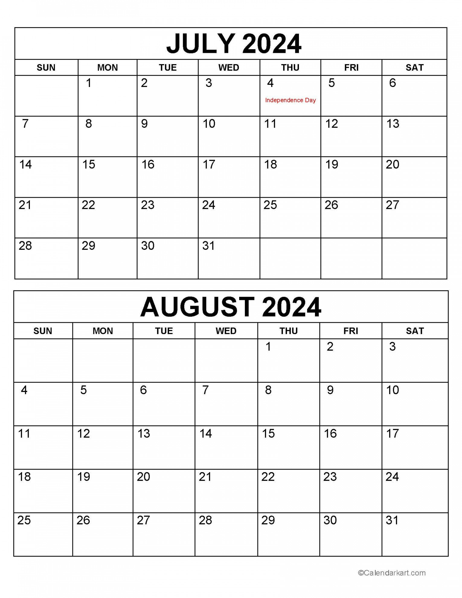 Printable July August  Calendar  Calendarkart