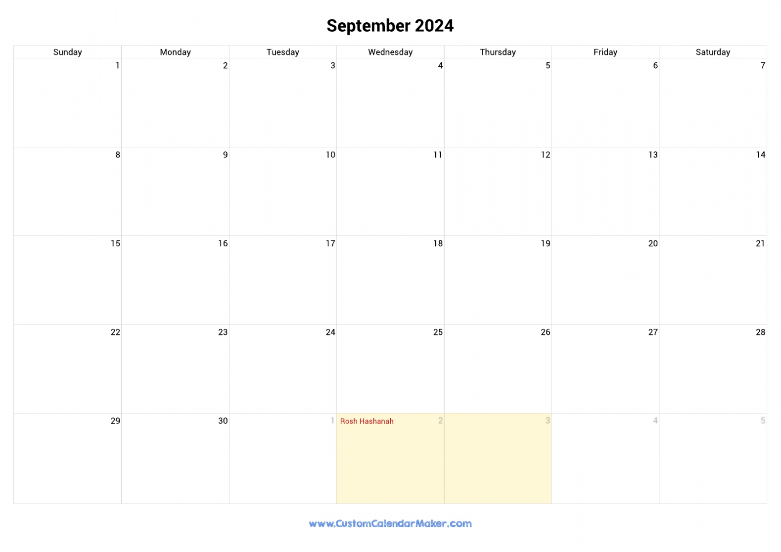 September  Jewish Calendar with Hebrew Holidays