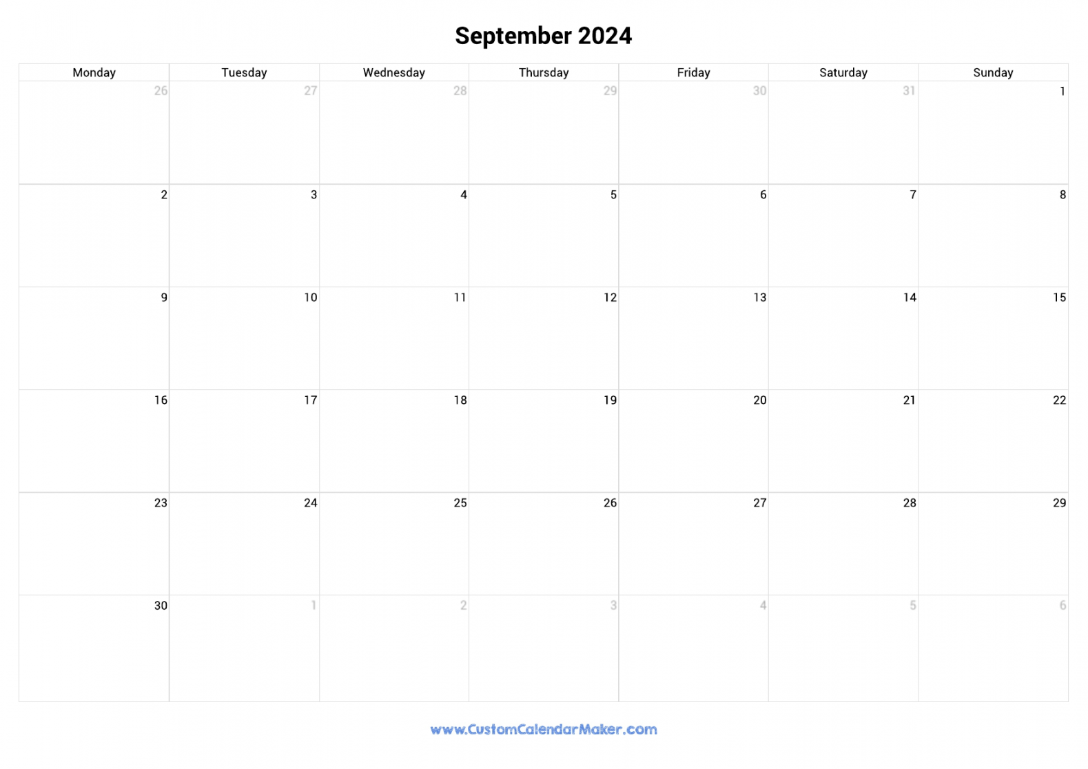 September  Monday Start Calendar  Monday to Sunday