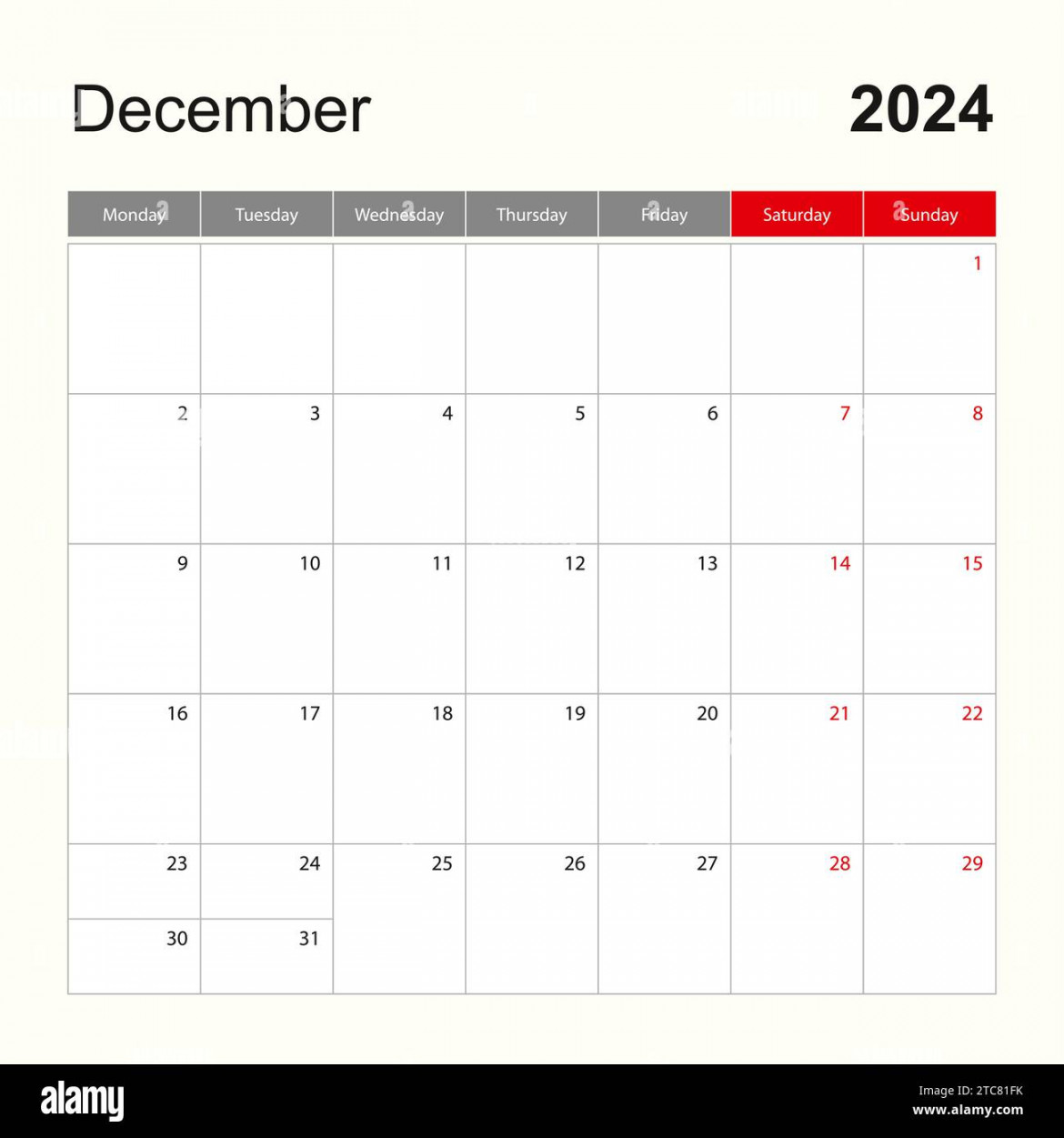 Wall calendar template for December