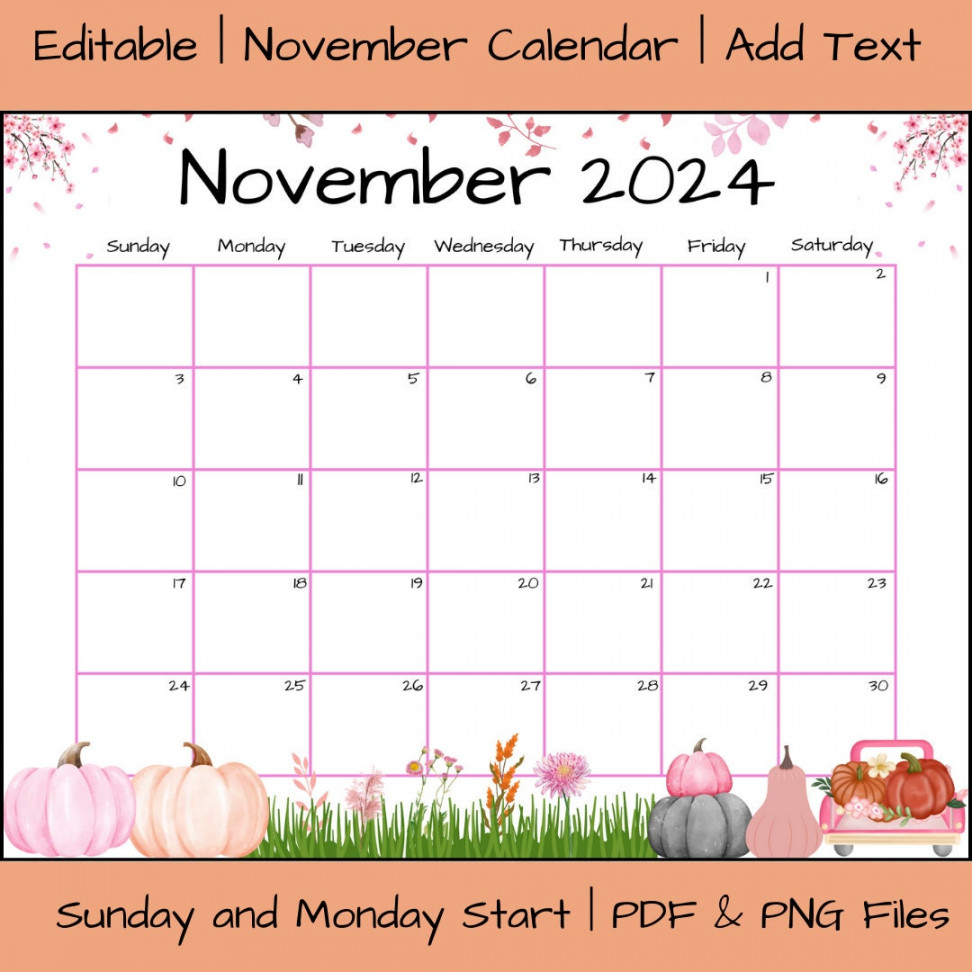 Editable November  Calendar, Pink Pumpkin Calendar, Editable Calendar  for Home, Printable and Editable November  Planner Template - Etsy