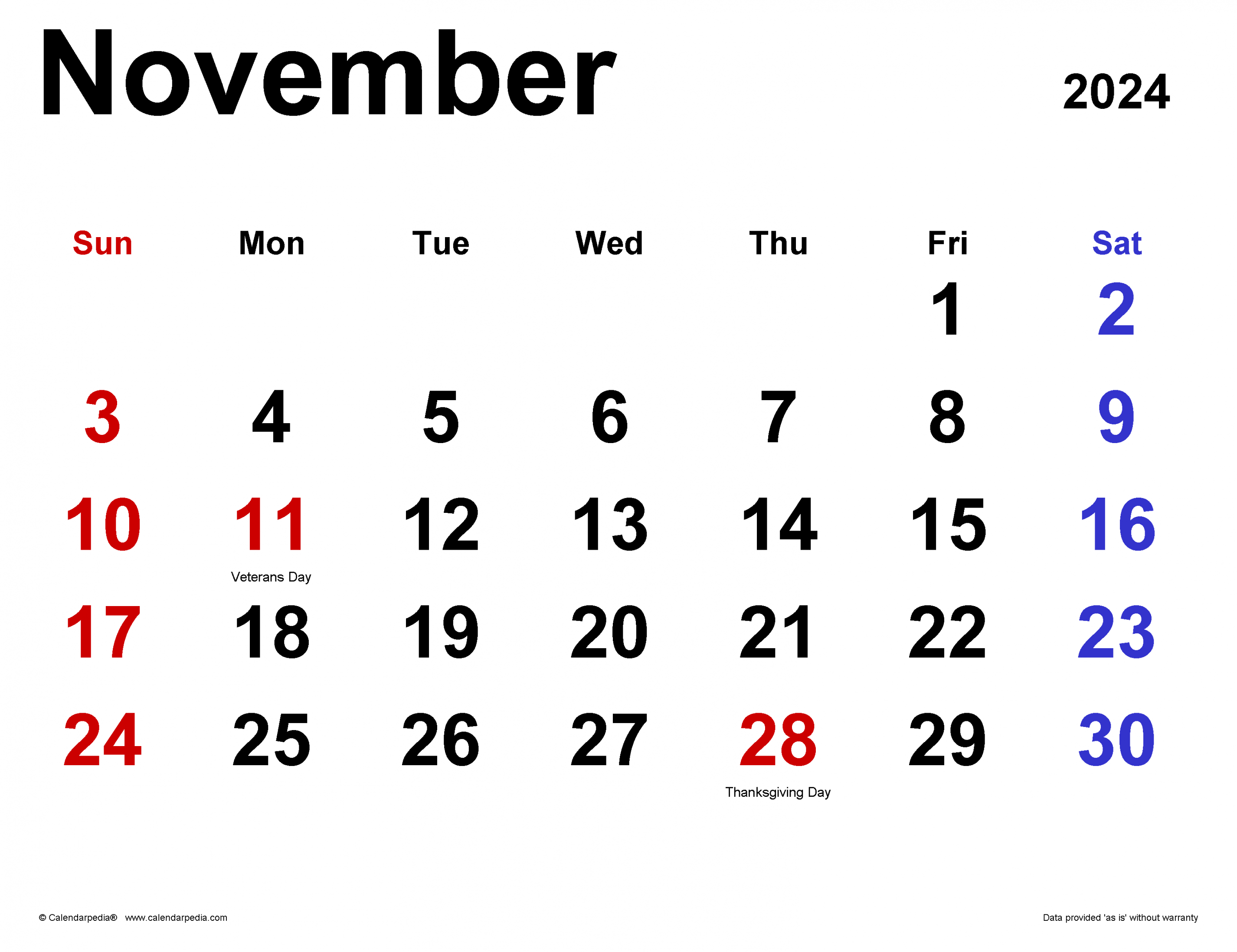 November  Calendar  Templates for Word, Excel and PDF