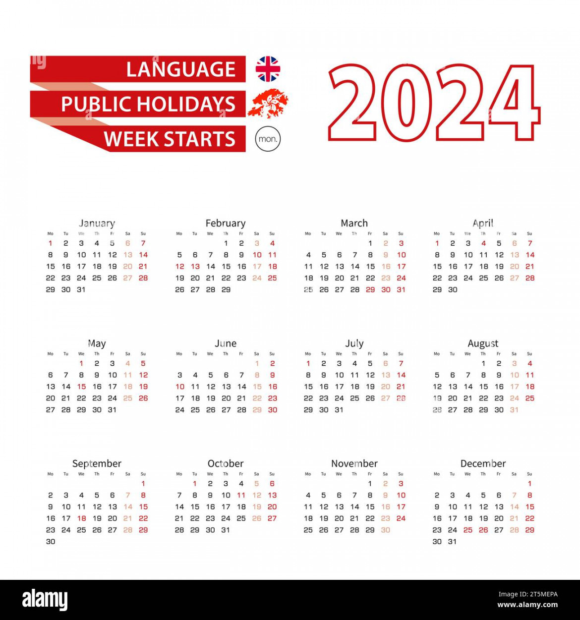 Calendar  in English language with public holidays the country