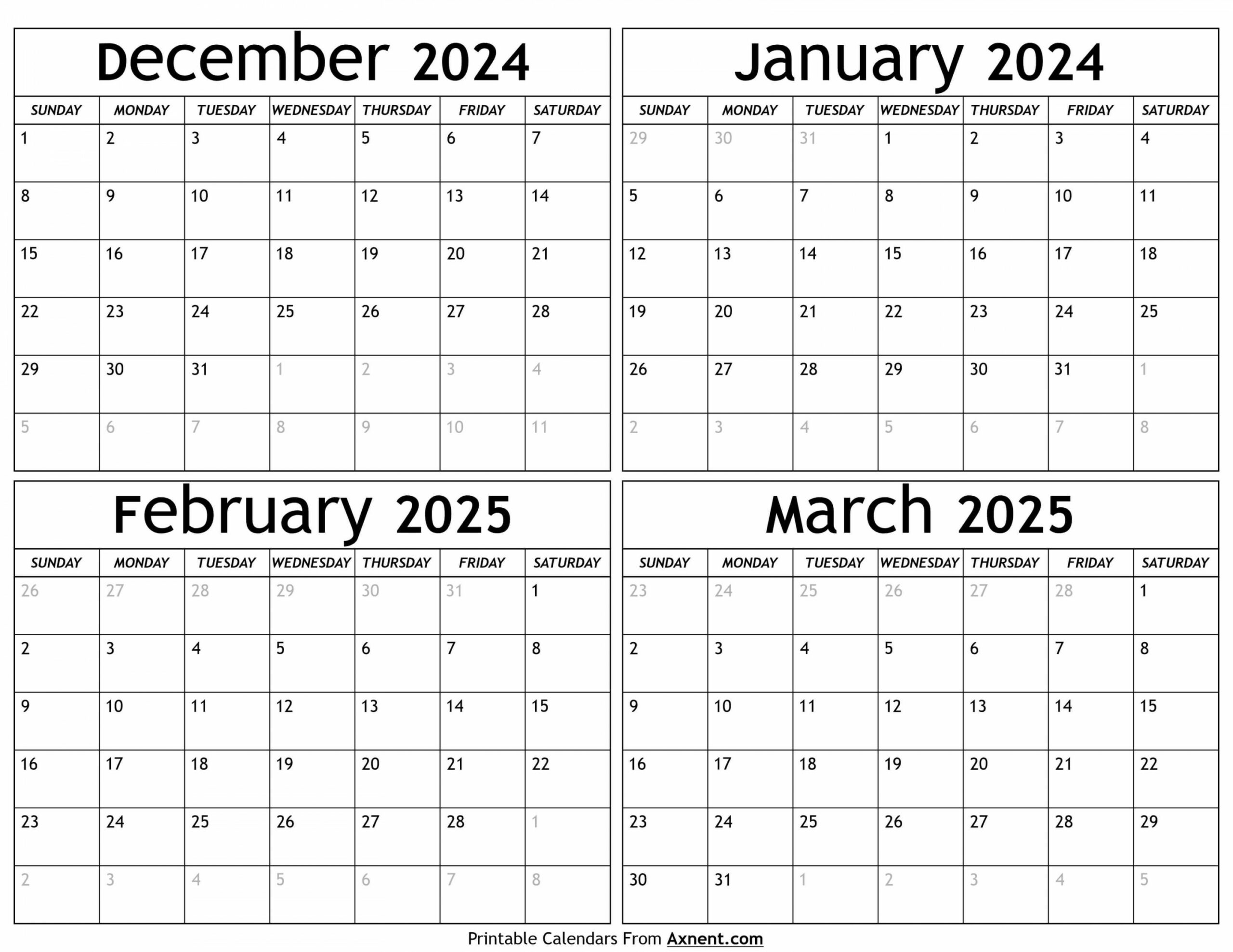 December  To March  Calendar Template - Four Months