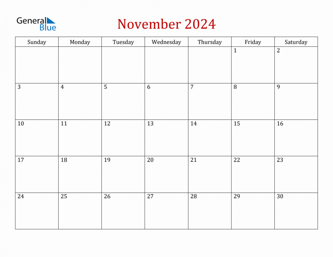 November  Simple Calendar with Sunday Start