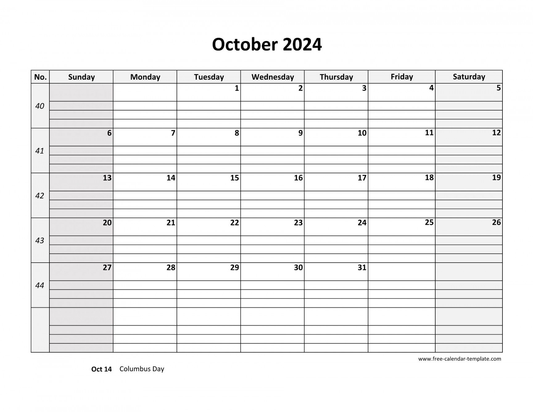 October  Calendar Free Printable with grid lines designed