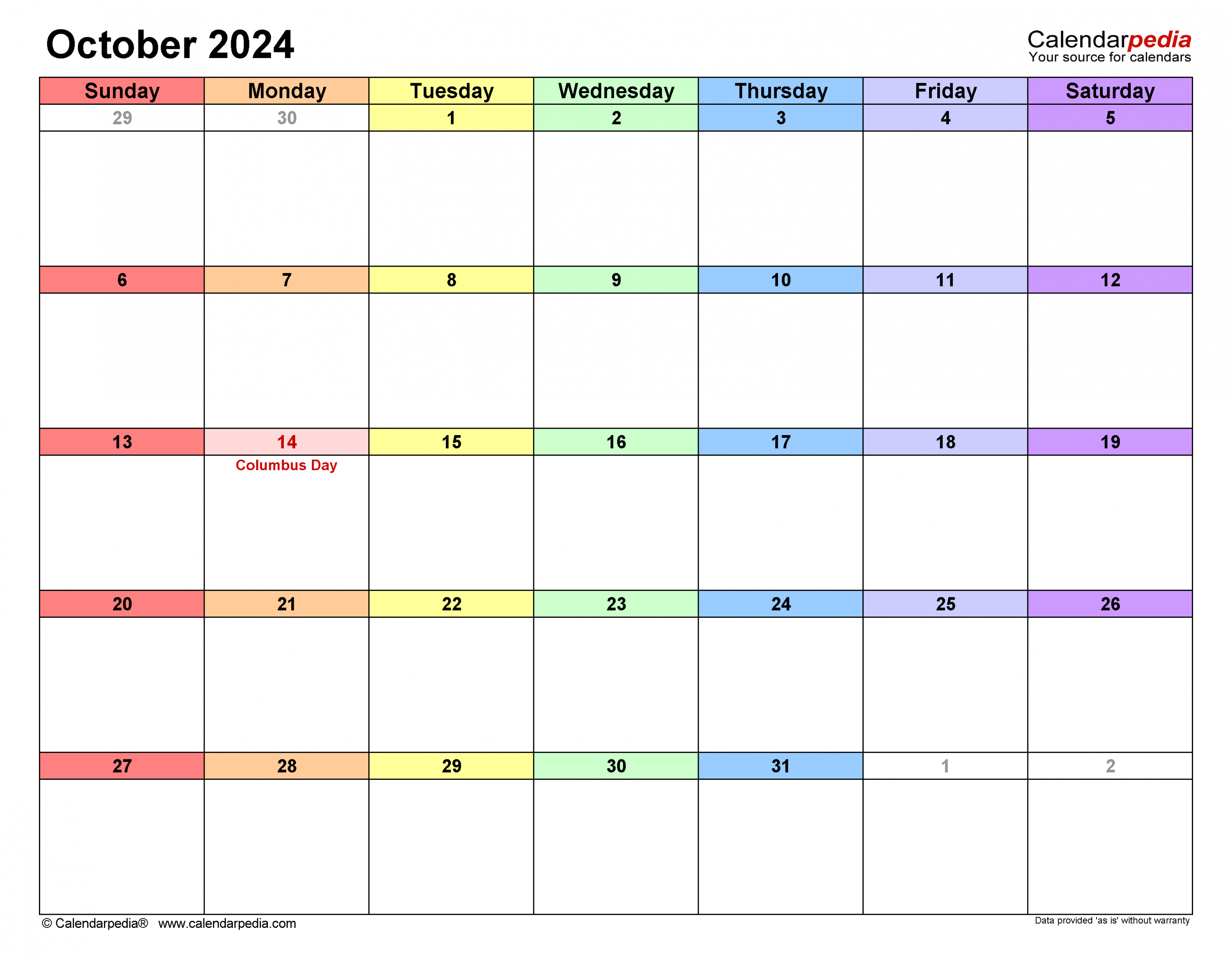 October  Calendar  Templates for Word, Excel and PDF