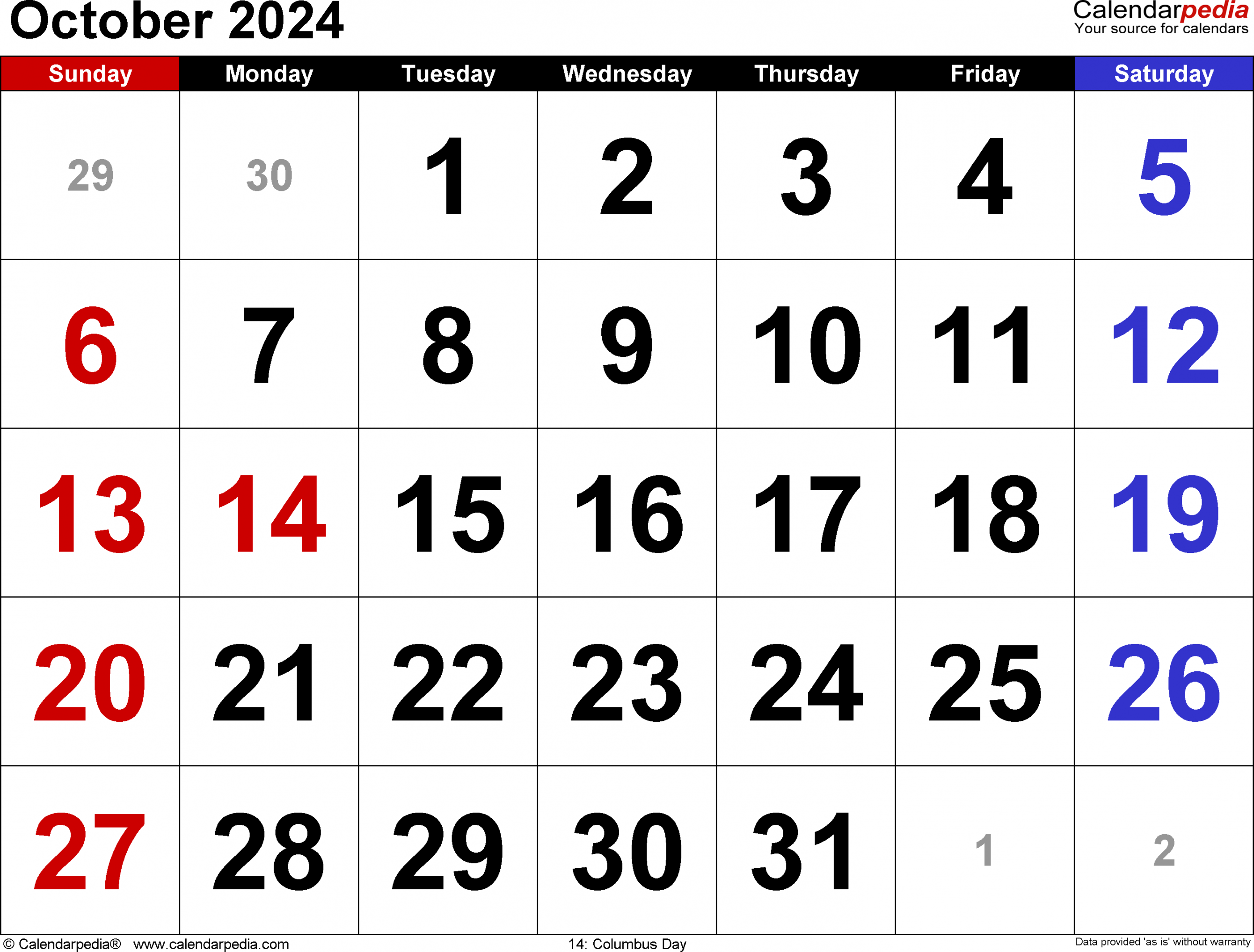 October  Calendar  Templates for Word, Excel and PDF