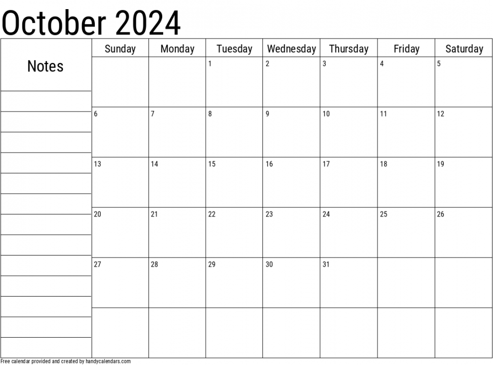 October  Calendar With Notes - Handy Calendars