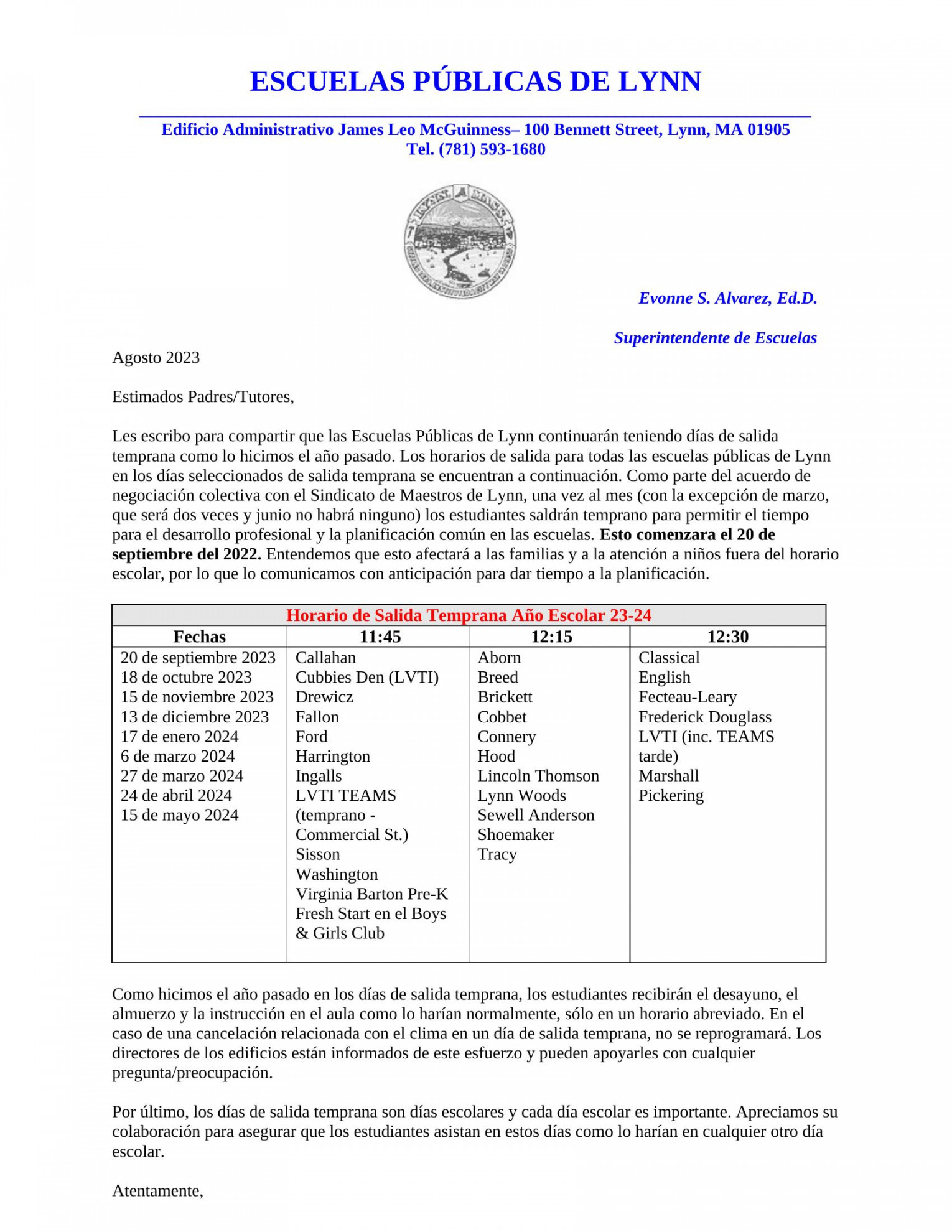 Early Release Schedule - / - Lynn Public Schools