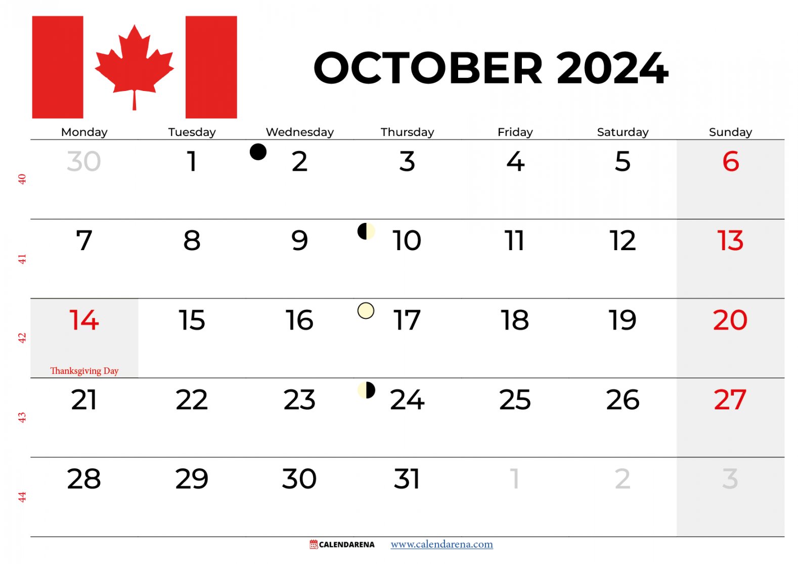 October  Calendar Canada