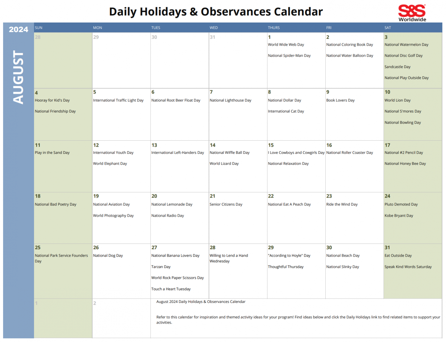 October Daily Holidays & Observances Printable Calendar - S&S Blog