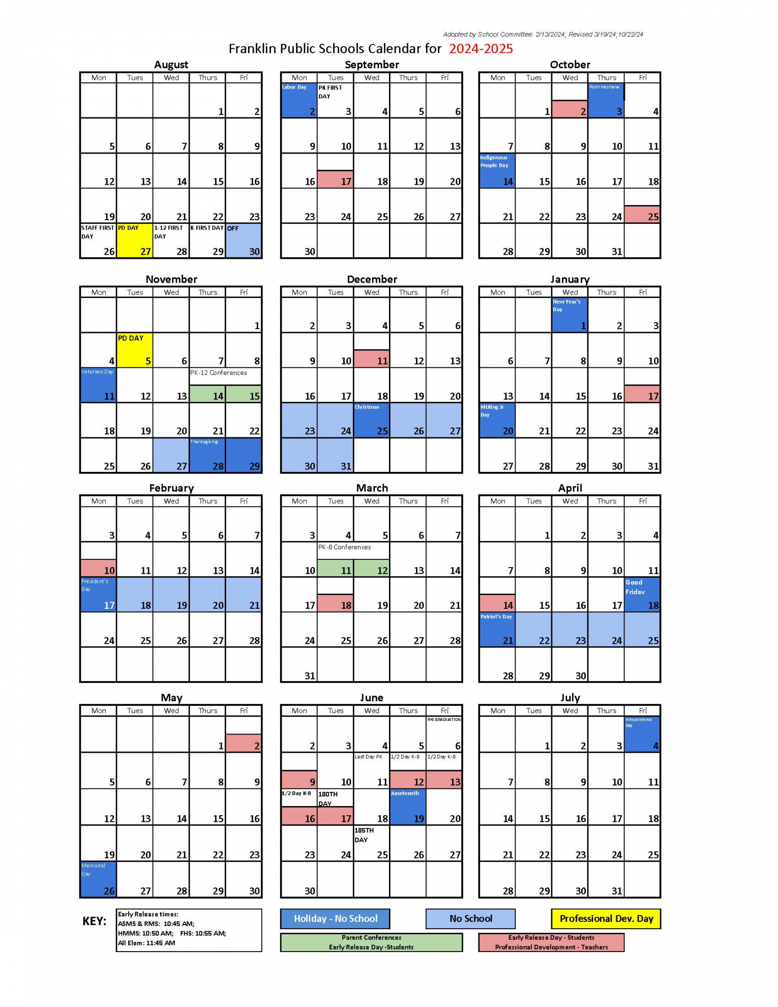 School Calendars  Franklin Public School District