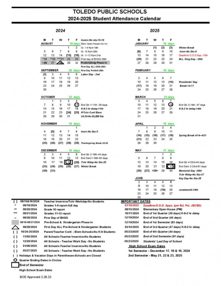 Toledo Public Schools Calendar - in PDF