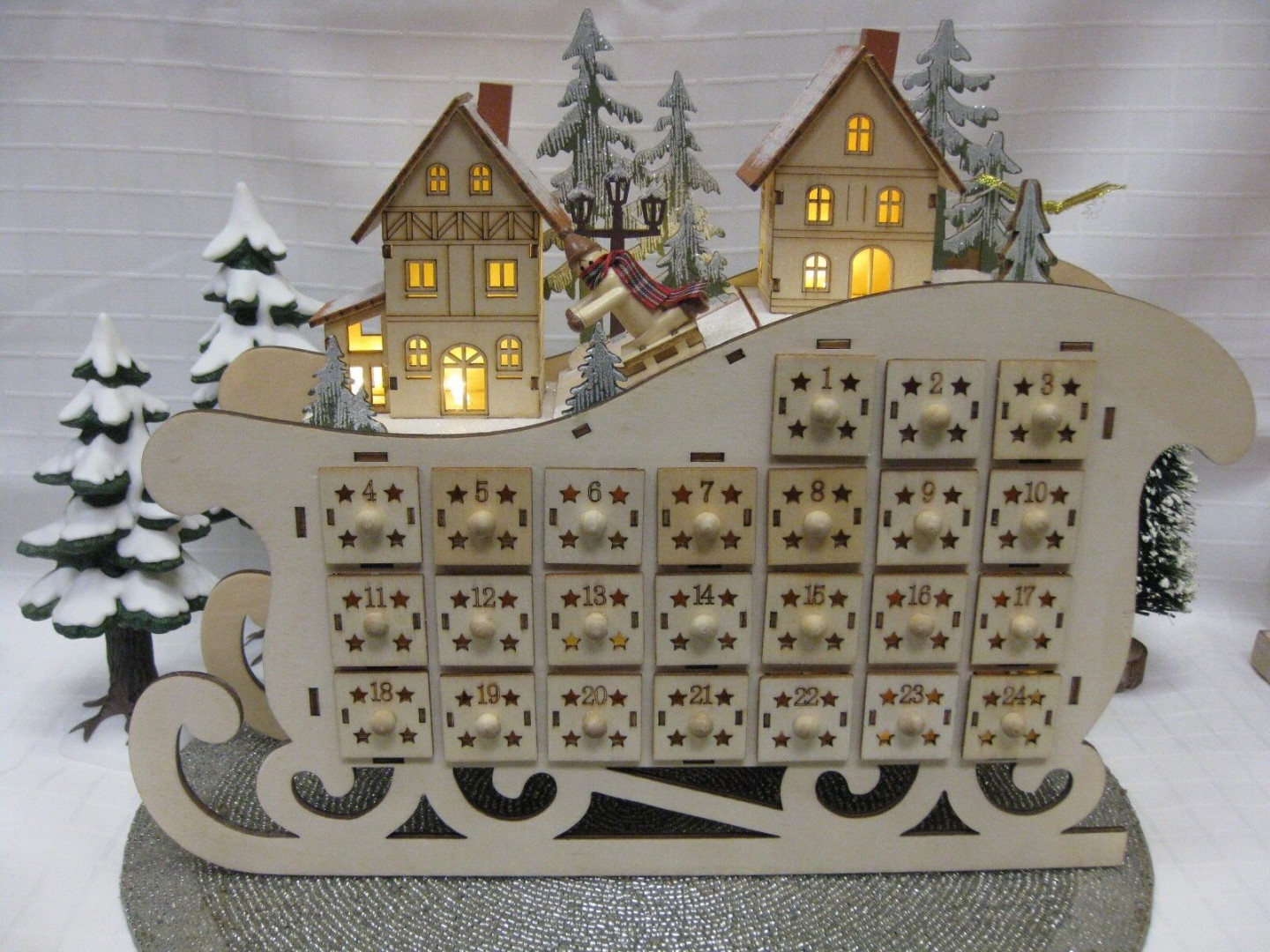 CHRISTMAS Martha Stewart WOODEN Led Lighted ADVENT CALENDAR FESTIVE SLEIGH  w/Tag